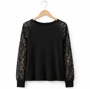 Miholl Black Ribbed Knit Pullover Top With Lace Sleeves And Zip Up Back Sz Lg